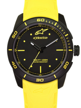 Alpinestars Tech Watch 3H, motorsport timepiece and lifestyle watch, Black and Yellow, close-up dial view showing matte black case, yellow accents, and water resistant construction