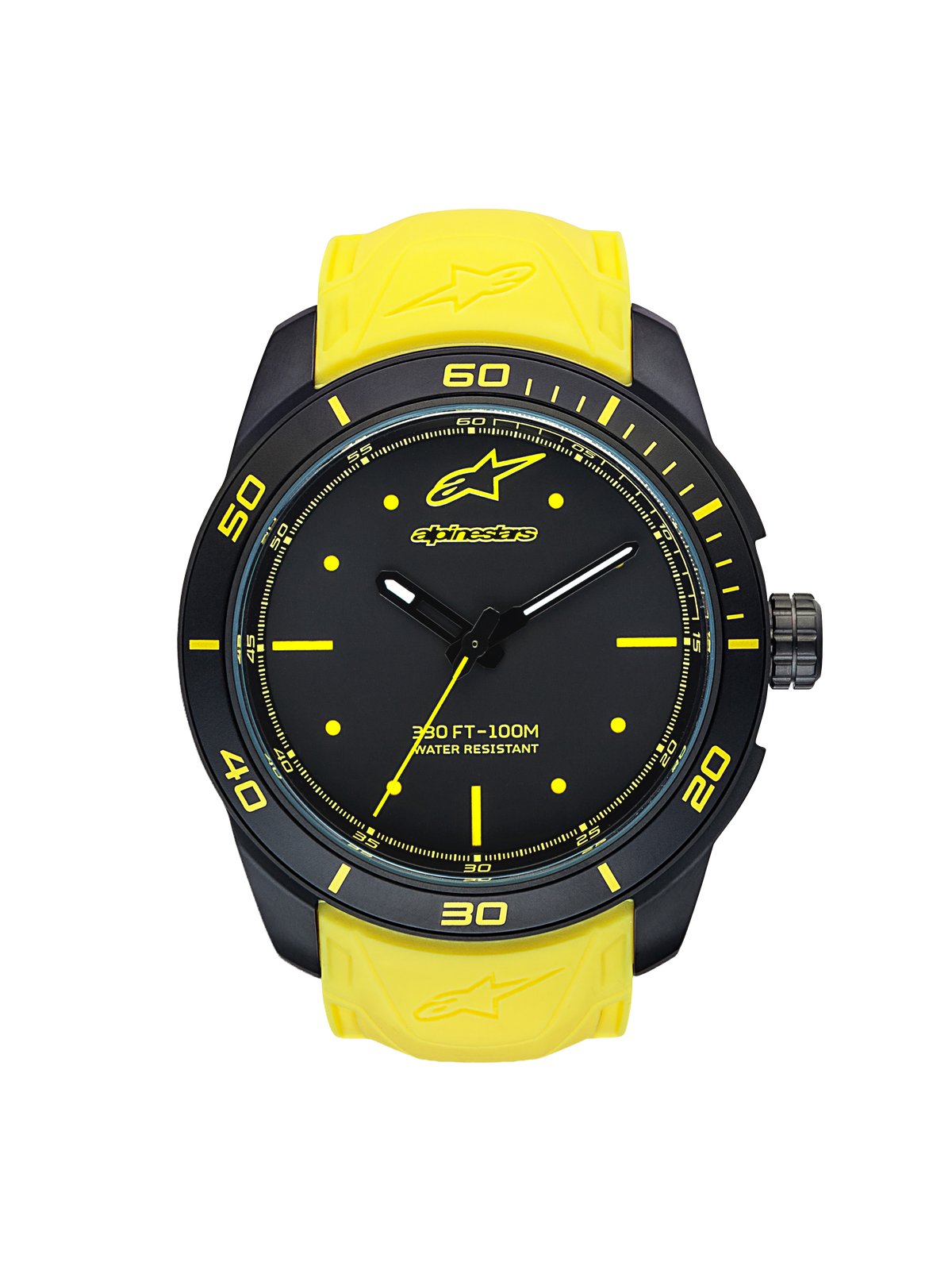 Alpinestars Tech Watch 3H, motorsport timepiece with black matte case and yellow silicone strap, water resistant 100M, front view showing analog dial with Alpinestars logo