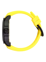 Alpinestars Tech Watch 3H, lifestyle motorsport watch, profile view showing black case and yellow strap with buckle detail