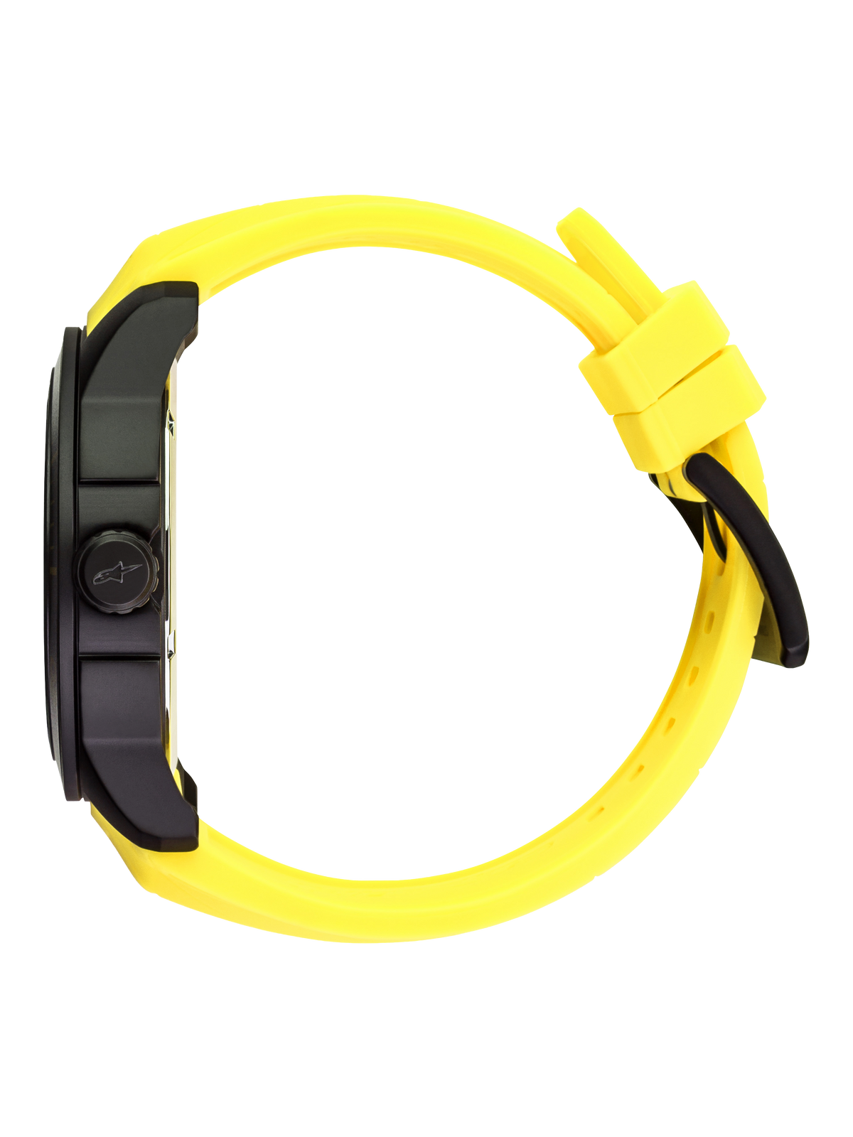 Alpinestars Tech Watch 3H, lifestyle motorsport watch, profile view showing black case and yellow strap with buckle detail