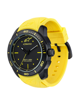 Alpinestars Tech Watch 3H - Black Matte, motorsport lifestyle watch with a black case and bright yellow silicone strap, water resistant 100M, right profile view