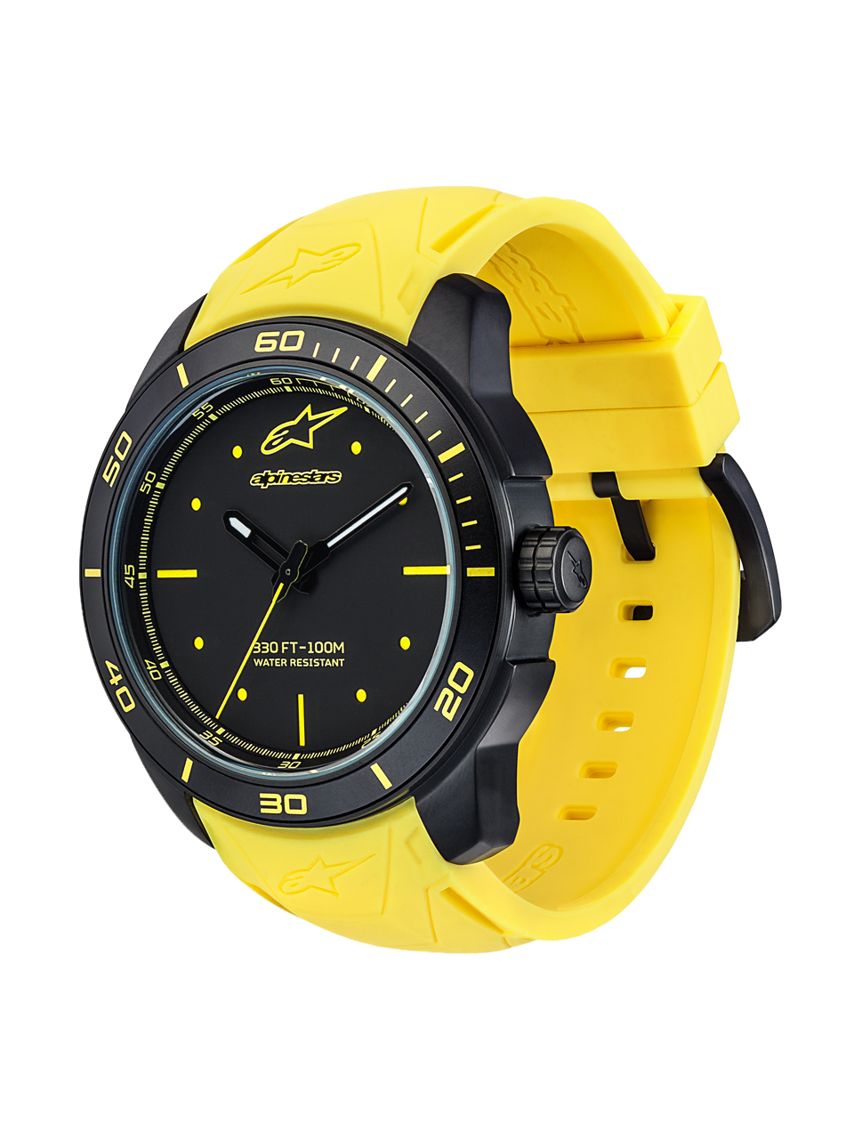 Alpinestars Tech Watch 3H - Black Matte, motorsport lifestyle watch with a black case and bright yellow silicone strap, water resistant 100M, right profile view
