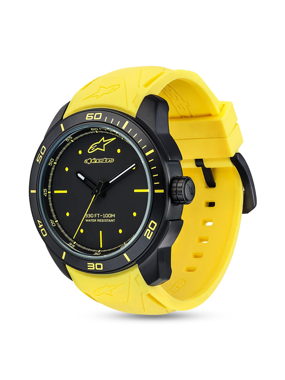 Alpinestars Tech Watch 3H, Motorsport Watch, Black and Yellow, featuring a matte black case, yellow silicone strap, black dial with yellow accents, and 100m water resistance.