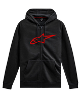 Alpinestars Ageless Zip V3 Hoodie, casual motorsport streetwear, black with red Astars logo, full-length zipper, drawstring hood, long sleeves, ribbed cuffs and hem