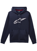 Alpinestars Ageless Zip V3 Hoodie, navy blue full-zip sweatshirt, large white Alpinestars logo on chest, drawstring hood, front kangaroo pockets, ribbed cuffs and hem, casual motorsport-inspired streetwear
