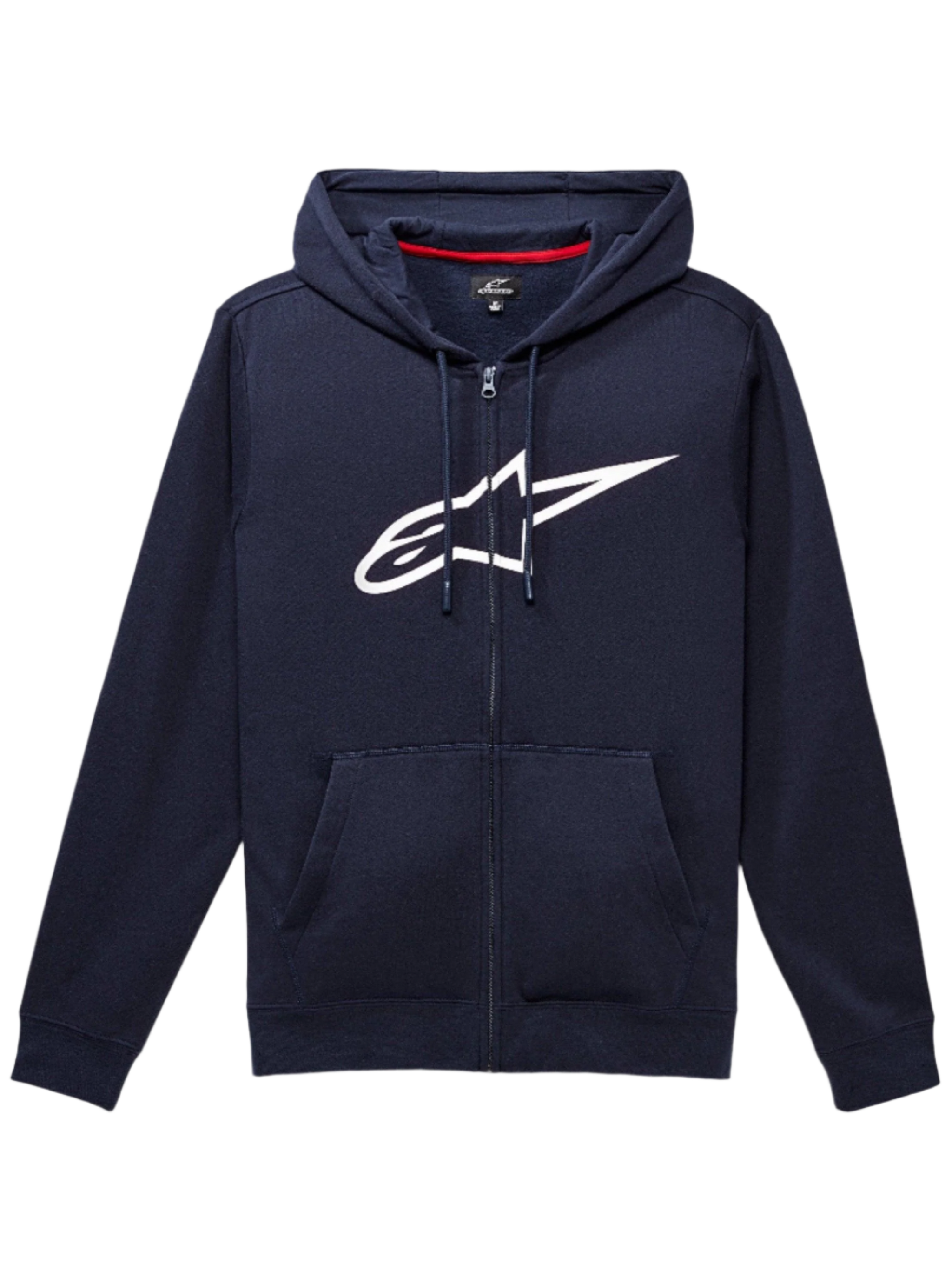 Alpinestars Ageless Zip V3 Hoodie, navy blue full-zip sweatshirt, large white Alpinestars logo on chest, drawstring hood, front kangaroo pockets, ribbed cuffs and hem, casual motorsport-inspired streetwear
