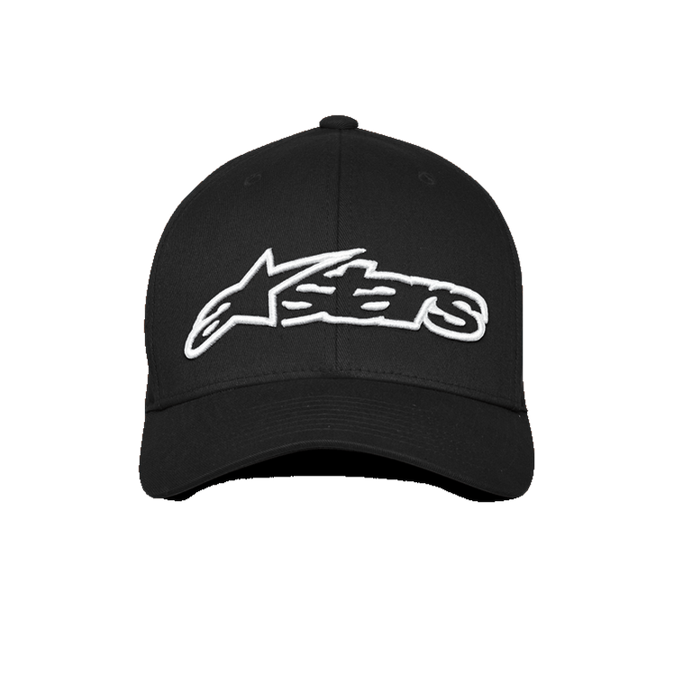Alpinestars Blaze Flexfit Hat, Black and White, featuring a large white 3D embroidered Alpinestars logo on the front, curved bill design, casual motorsport-inspired headwear