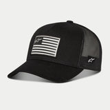Alpinestars Flag Snapback Hat, Black, baseball cap featuring a black mesh back and curved bill, front printed flag patch with Alpinestars logo, side logo embroidery, casual motorsport-inspired headwear