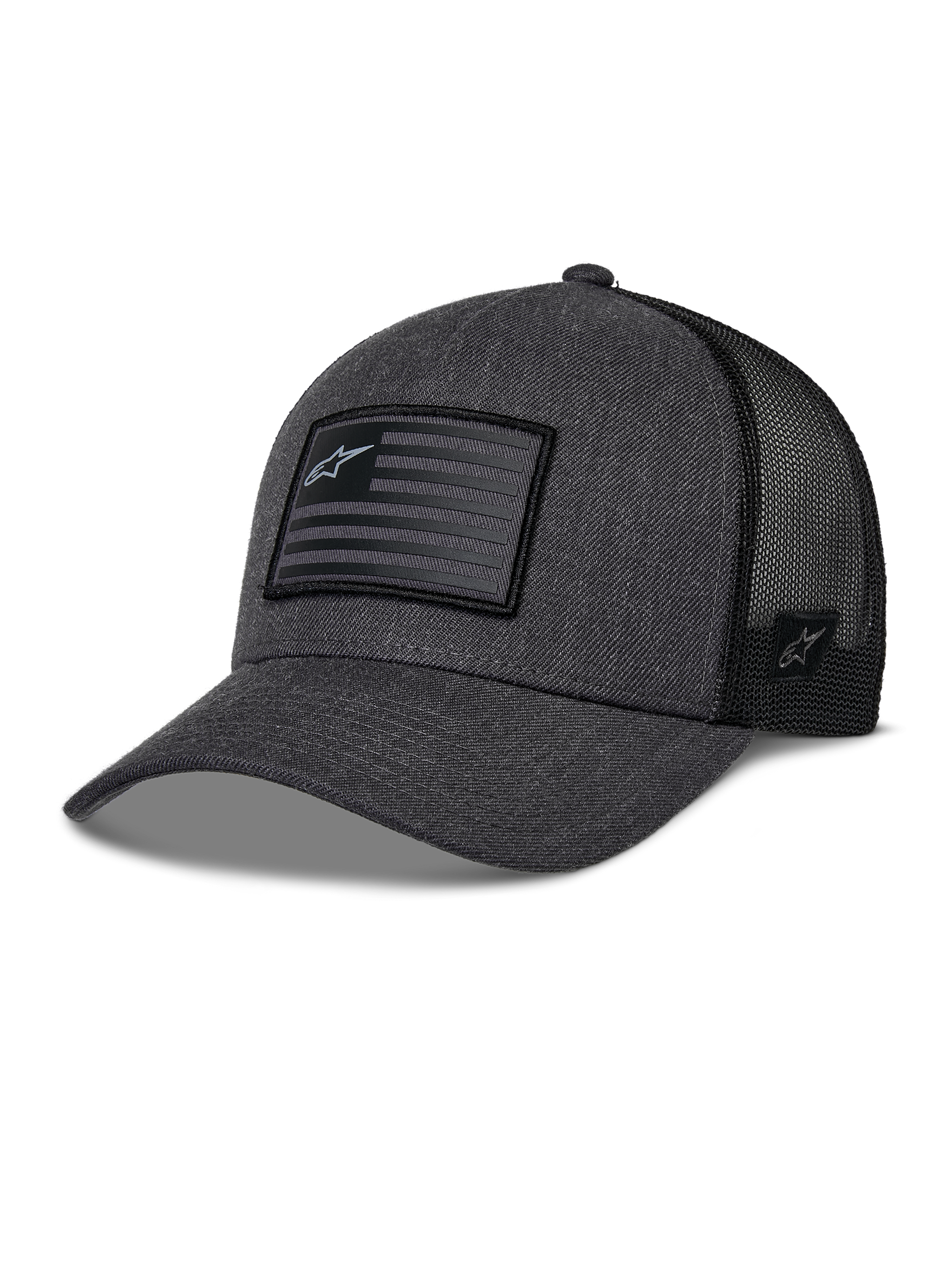 Alpinestars Flag Snapback Hat, Charcoal Heather and Black, Trucker Style Baseball Cap, Rectangular Flag Patch with Star Logo, Curved Brim and Breathable Mesh Back