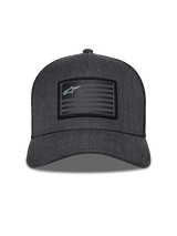 Alpinestars Flag Snapback Hat, Charcoal Heather and Black, front view featuring a structured crown and curved bill, rectangular flag-style patch with Alpinestars logo and stripes, casual motorsport streetwear