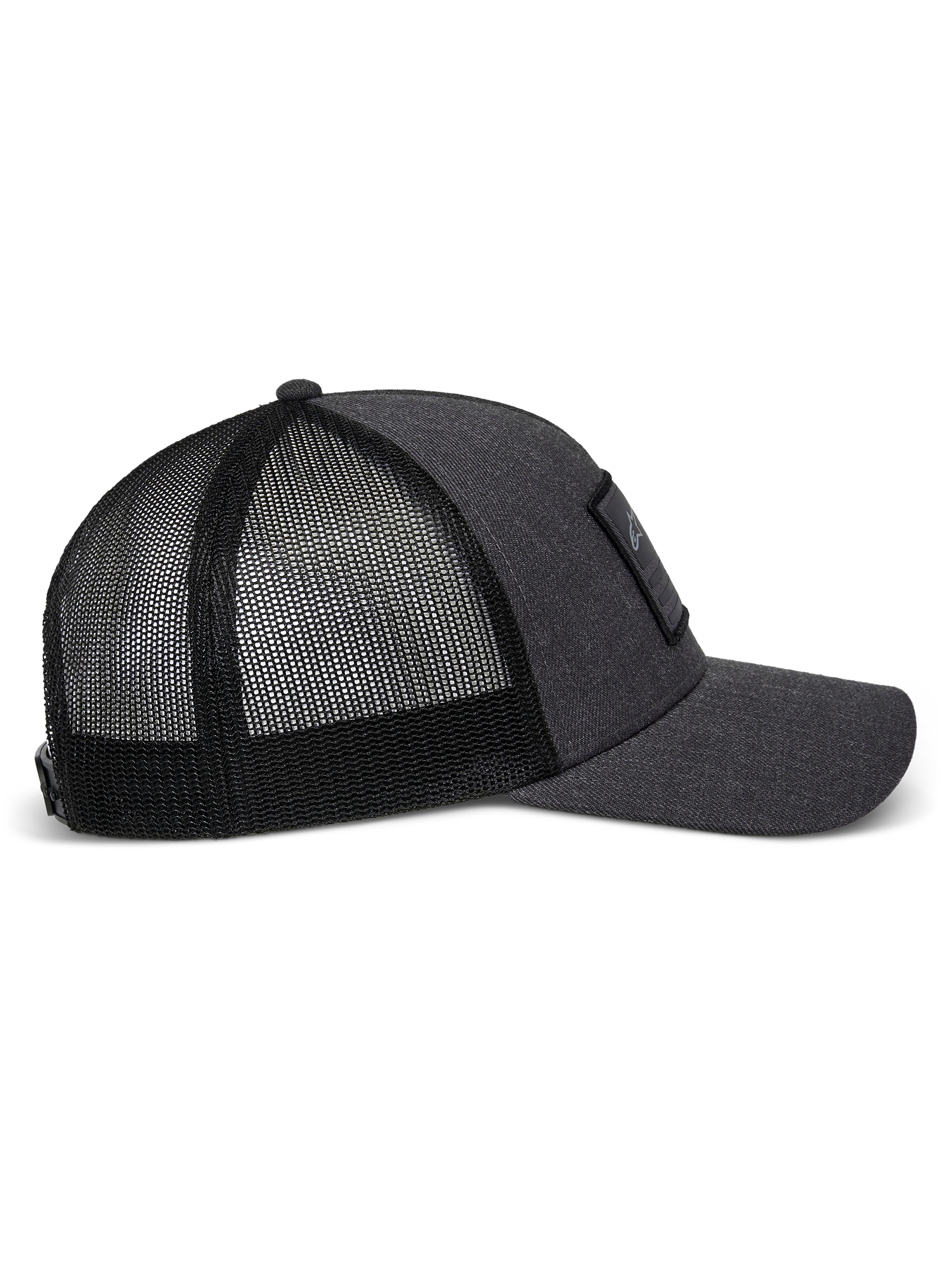 Alpinestars Flag Snapback Hat in Charcoal Heather Black, side profile view showing the curved bill, structured twill front panel with a merrow patch, and breathable polyester mesh back.
