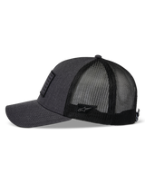 Alpinestars Flag Snapback Hat, Charcoal Heather and Black, side profile view, curved bill with structured crown, twill front and black poly mesh back, small Astars logo patch on the side, casual motorsport headwear