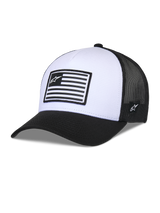 Alpinestars Flag Snapback Hat, White and Black, Structured crown with curved bill, white front panel and black mesh back, featuring a rectangular flag-style logo patch, casual motorsport-inspired headwear