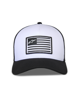 Alpinestars Flag Snapback Hat, White and Black, structured white crown with black curved bill and mesh back, features a central flag patch with Alpinestars logo, casual motorsport-inspired headwear