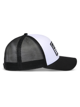 Alpinestars Flag Snapback Hat, White and Black, side profile view, structured white crown with black curved bill, breathable black mesh back panels, casual motorsport-inspired headwear