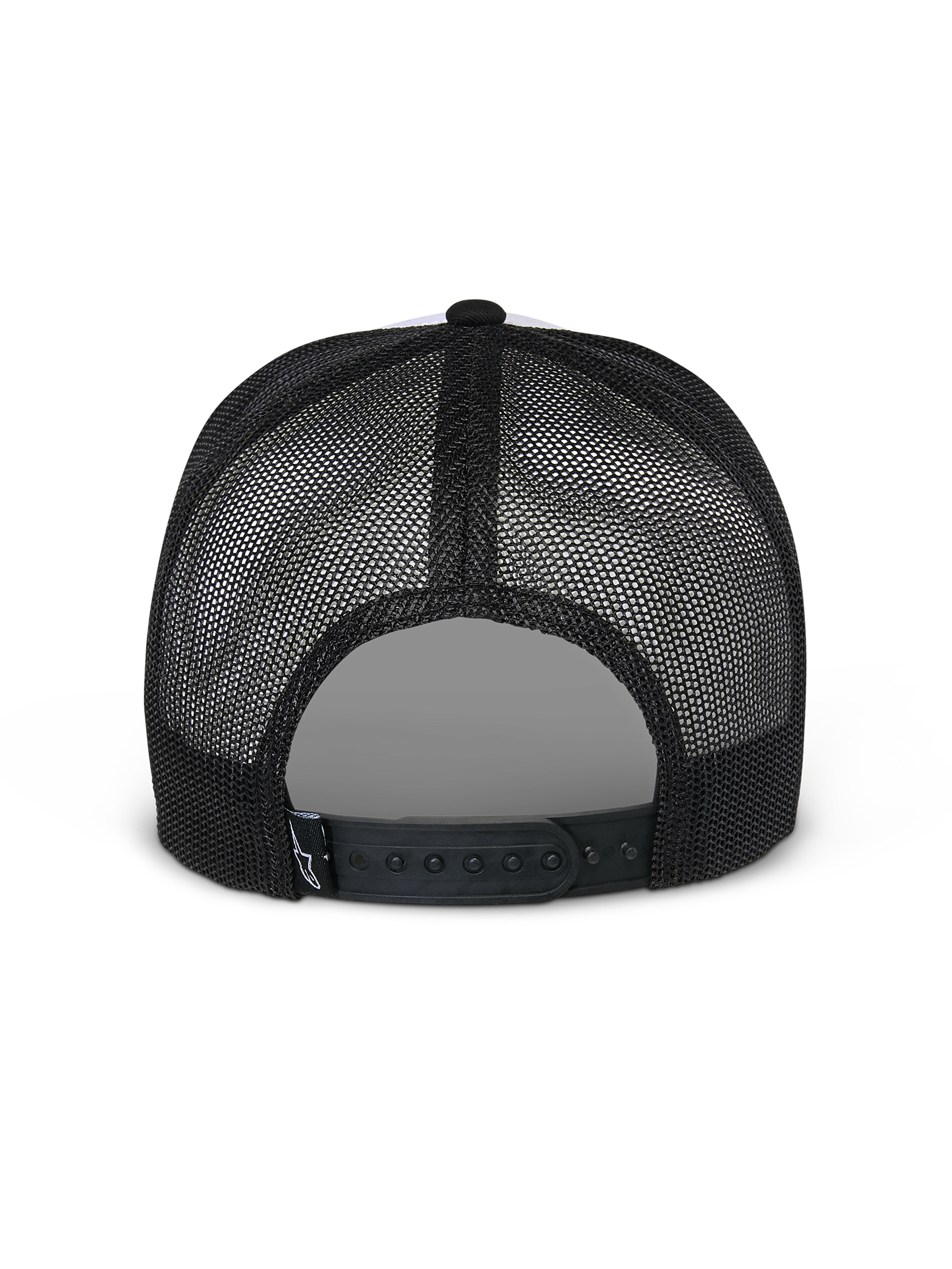 Alpinestars Flag Snapback Hat, White and Black, back view showing black mesh panels and adjustable snapback closure, casual motorsport headwear