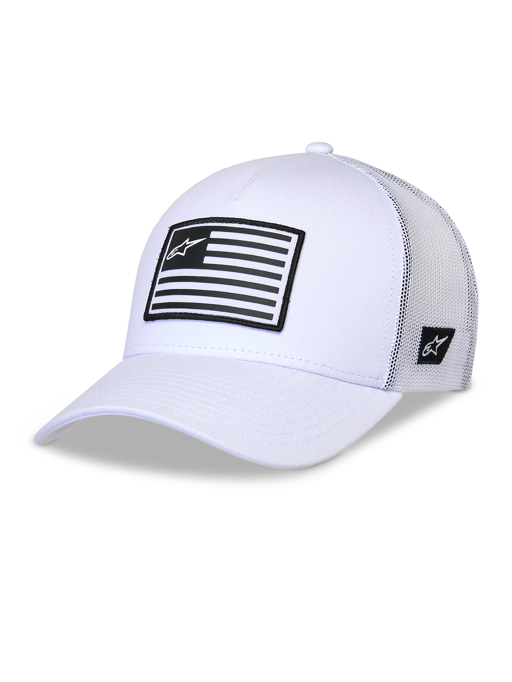 Alpinestars Flag Snapback Hat, White Trucker Cap, structured crown with curved bill, white mesh back panels, featuring a front black and white striped patch with logo, casual motorsport-inspired headwear