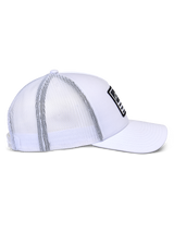 Alpinestars Flag Snapback Hat, Trucker-style cap, White, side profile showing white twill front and breathable mesh back, curved bill, black merrow patch with white logo, casual motorsport headwear