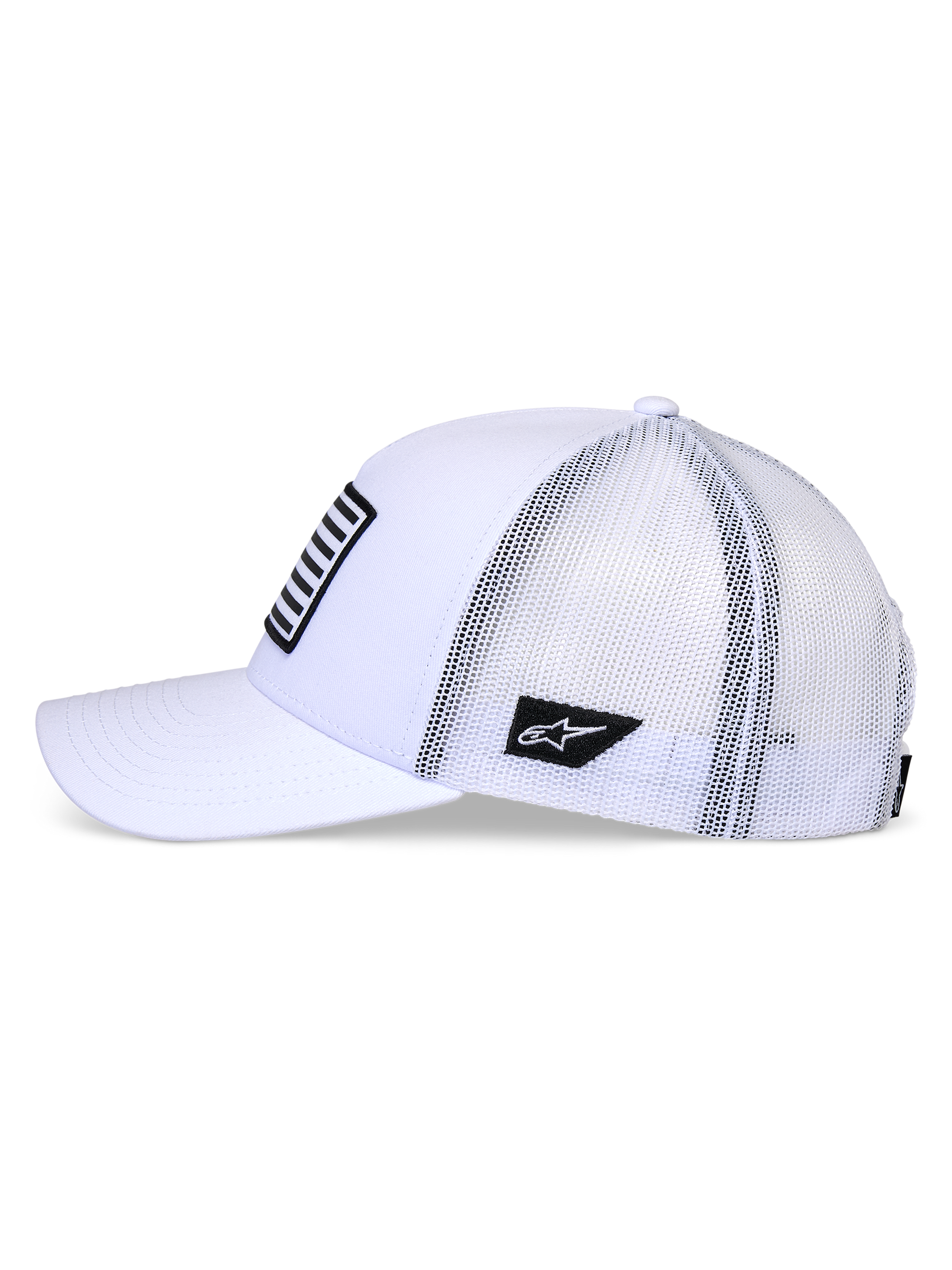 Alpinestars Flag Snapback Hat, White, side profile view of trucker-style cap with curved bill and white mesh back, featuring black logo patch on the side and striped front patch