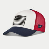 Alpinestars Flag Snapback Hat, White, Navy and Red, trucker-style cap with a curved navy brim, white structured front panel featuring a flag-inspired patch, and red mesh back, casual motorsport headwear