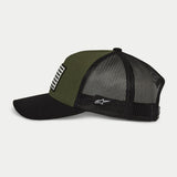 Alpinestars Flag Snapback Hat in Military Black, side profile view, olive green front panel with black curved bill and black mesh back, white embroidered logo on the side, casual motorsport-inspired headwear