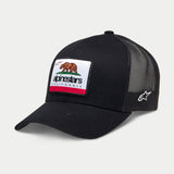 Alpinestars Cali 2.0 Hat, Black Trucker Cap, woven patch with California bear and Alpinestars branding, curved bill, breathable mesh back, white embroidered star logo on the side