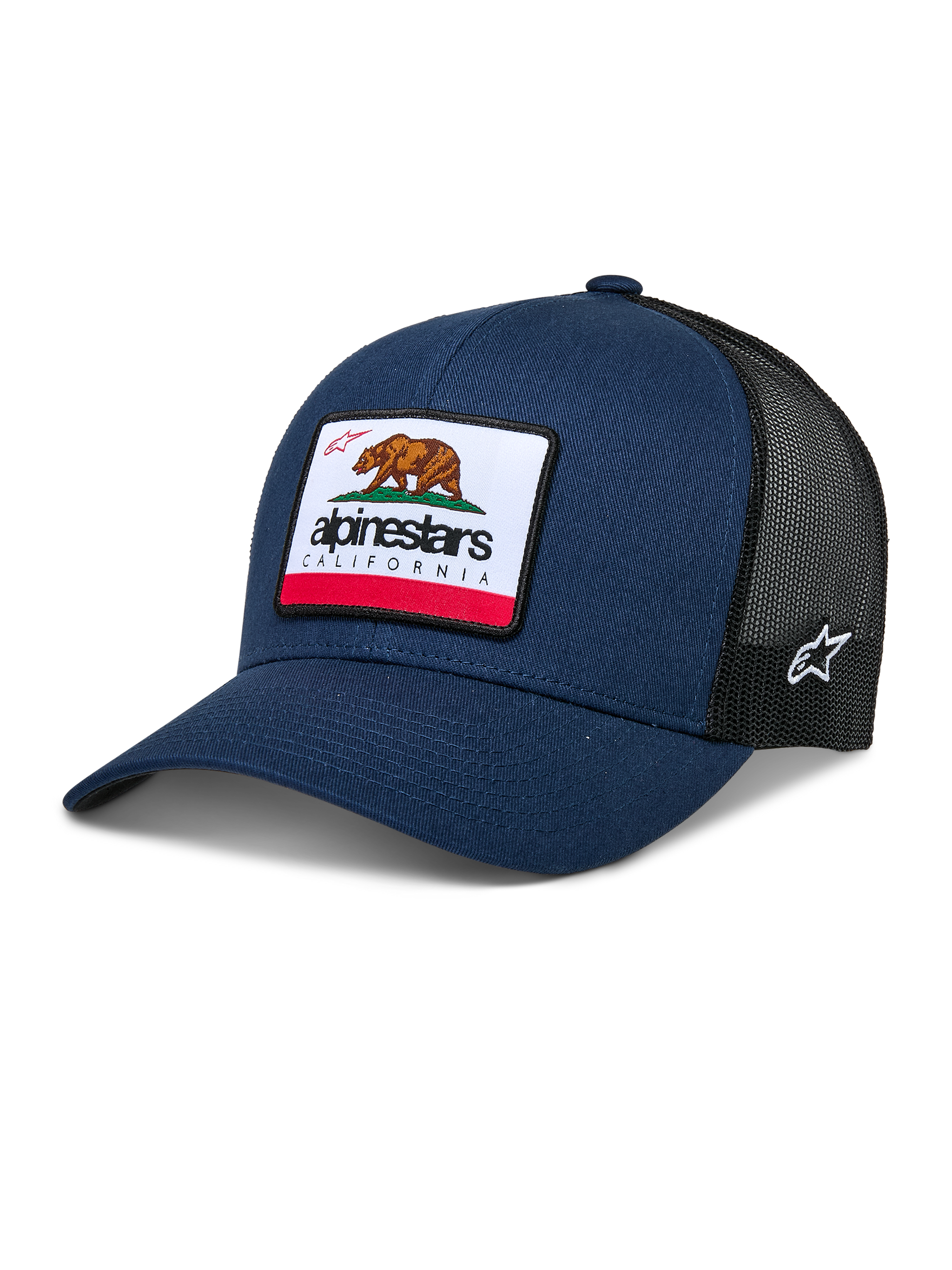Alpinestars Cali 2.0 Hat, Navy Blue and Black Trucker Cap, featuring a large California Bear Patch with Alpinestars logo, curved brim, breathable black mesh back, casual motorsport headwear