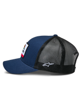 Alpinestars Cali 2.0 Hat, Navy Blue and Black, side profile view, twill front with woven merrow patch, black poly mesh back with white embroidered star logo, curved bill, casual motorsport-inspired headwear