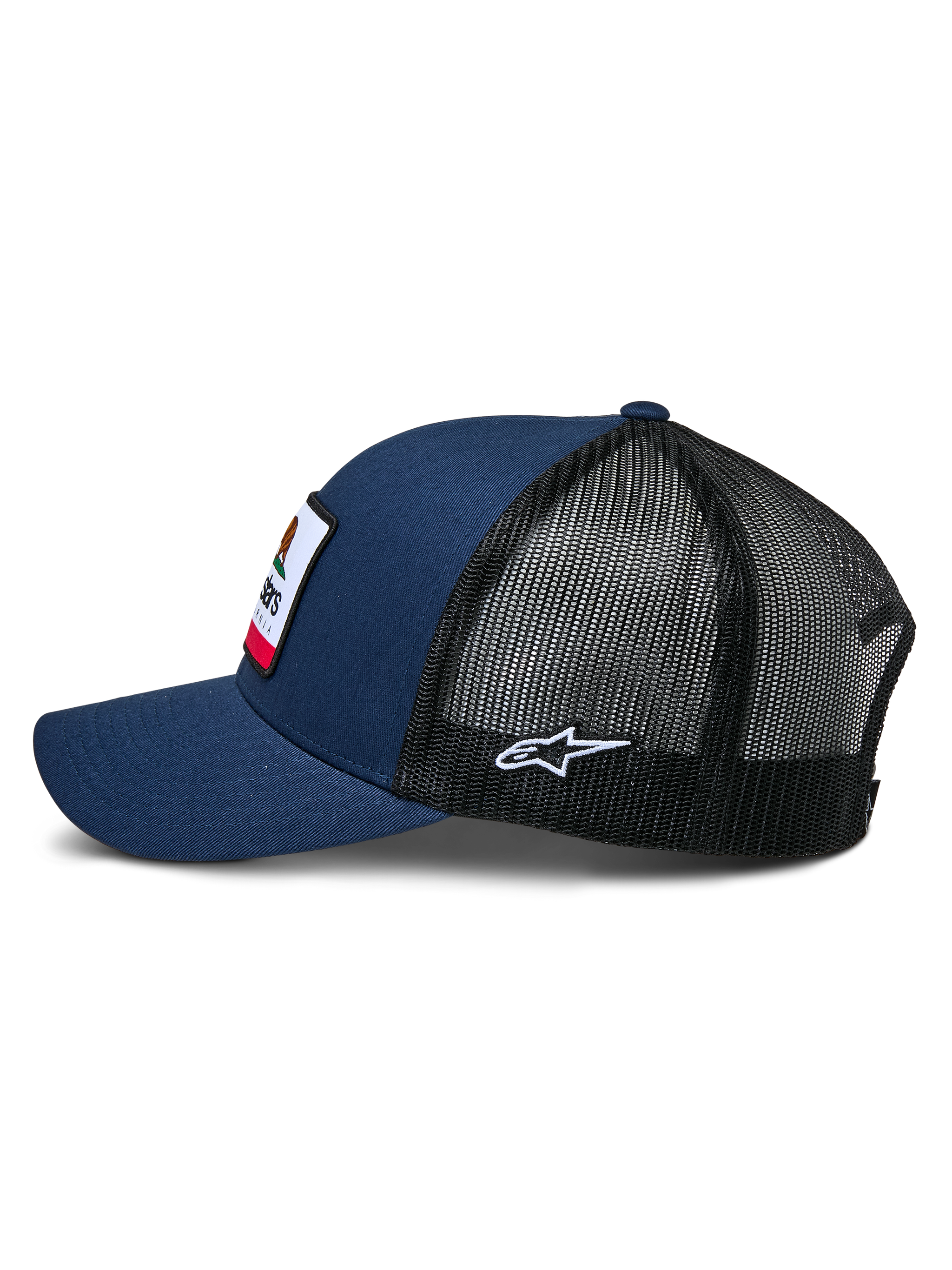 Alpinestars Cali 2.0 Hat, Navy Blue and Black, side profile view, twill front with woven merrow patch, black poly mesh back with white embroidered star logo, curved bill, casual motorsport-inspired headwear