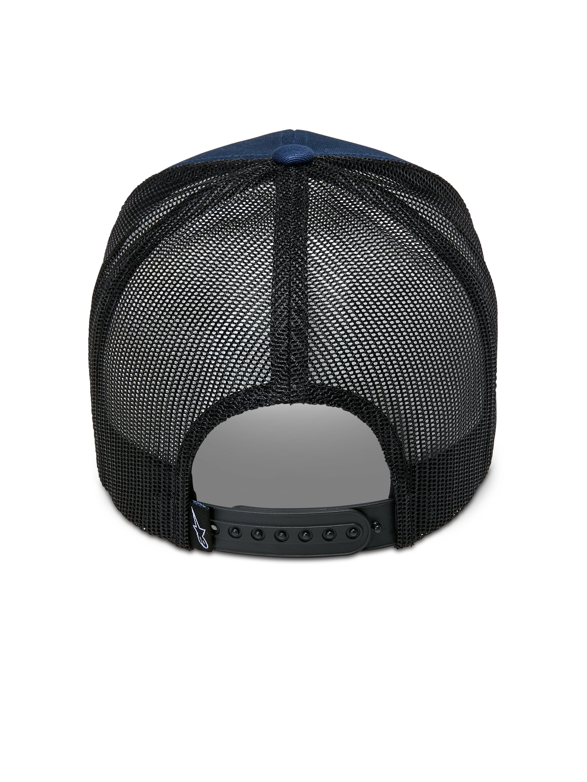 Alpinestars Cali 2.0 Hat, Navy Blue and Black, rear view showing breathable poly mesh back, adjustable black snapback closure, and small logo tag, casual trucker cap design