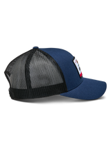 Alpinestars Cali 2.0 Hat, Navy Blue with Black mesh, side profile view, structured trucker cap with curved bill and twill front, breathable poly mesh back, casual motorsport headwear