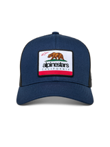 Alpinestars Cali 2.0 Hat, Navy Blue, featuring a woven merrow patch with a California bear and Alpinestars branding, curved bill, structured crown with poly mesh back, casual motorsport streetwear