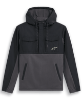 Alpinestars Juncture Hybrid Jacket, Anorak Hoodie, Black Gunmetal, mixed material design with ripstop overlay on yoke and hood, canvas fleece body, chest flap pockets, lower welt pockets, small white star logo, casual motorsport-inspired jacket