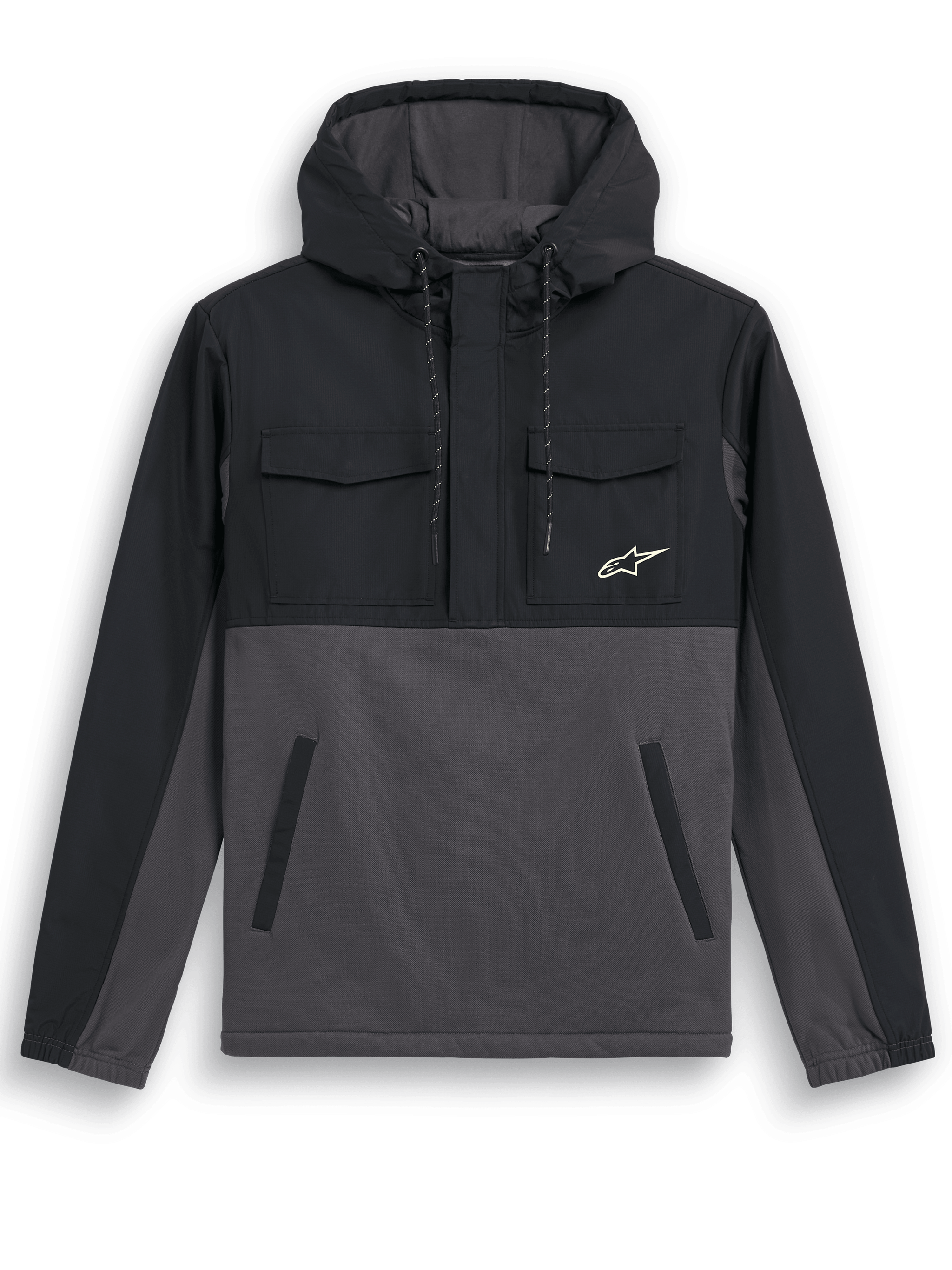 Alpinestars Juncture Hybrid Jacket, Anorak Hoodie, Black Gunmetal, mixed material design with ripstop overlay on yoke and hood, canvas fleece body, chest flap pockets, lower welt pockets, small white star logo, casual motorsport-inspired jacket