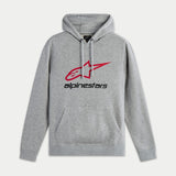Alpinestars Always V3 Hoodie, pullover fleece in Grey Heather, featuring a red outlined star logo and black Alpinestars text on the chest, drawstring hood, front kangaroo pocket, casual motorsport-inspired streetwear