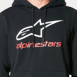 Alpinestars Always V3 Hoodie, black pullover fleece, featuring white star logo and red alpinestars text on chest, black drawstrings with dipped tips, casual motorsport-inspired streetwear