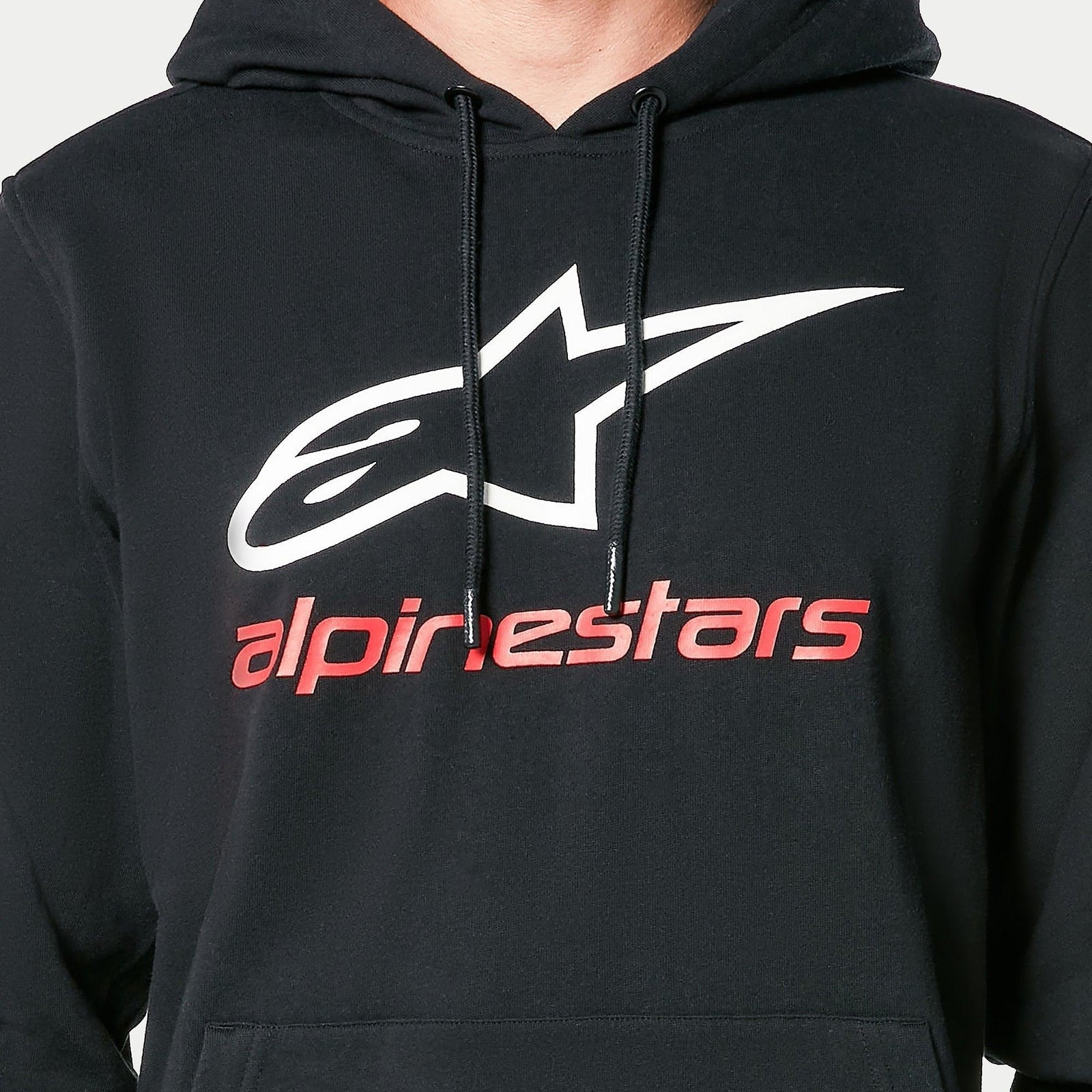 Alpinestars Always V3 Hoodie, black pullover fleece, featuring white star logo and red alpinestars text on chest, black drawstrings with dipped tips, casual motorsport-inspired streetwear