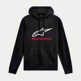 Alpinestars Always V3 Hoodie, Black, Pullover Fleece with White Star Logo and Red Branding, Casual Motorsport Streetwear, Ribbed Cuffs and Hem