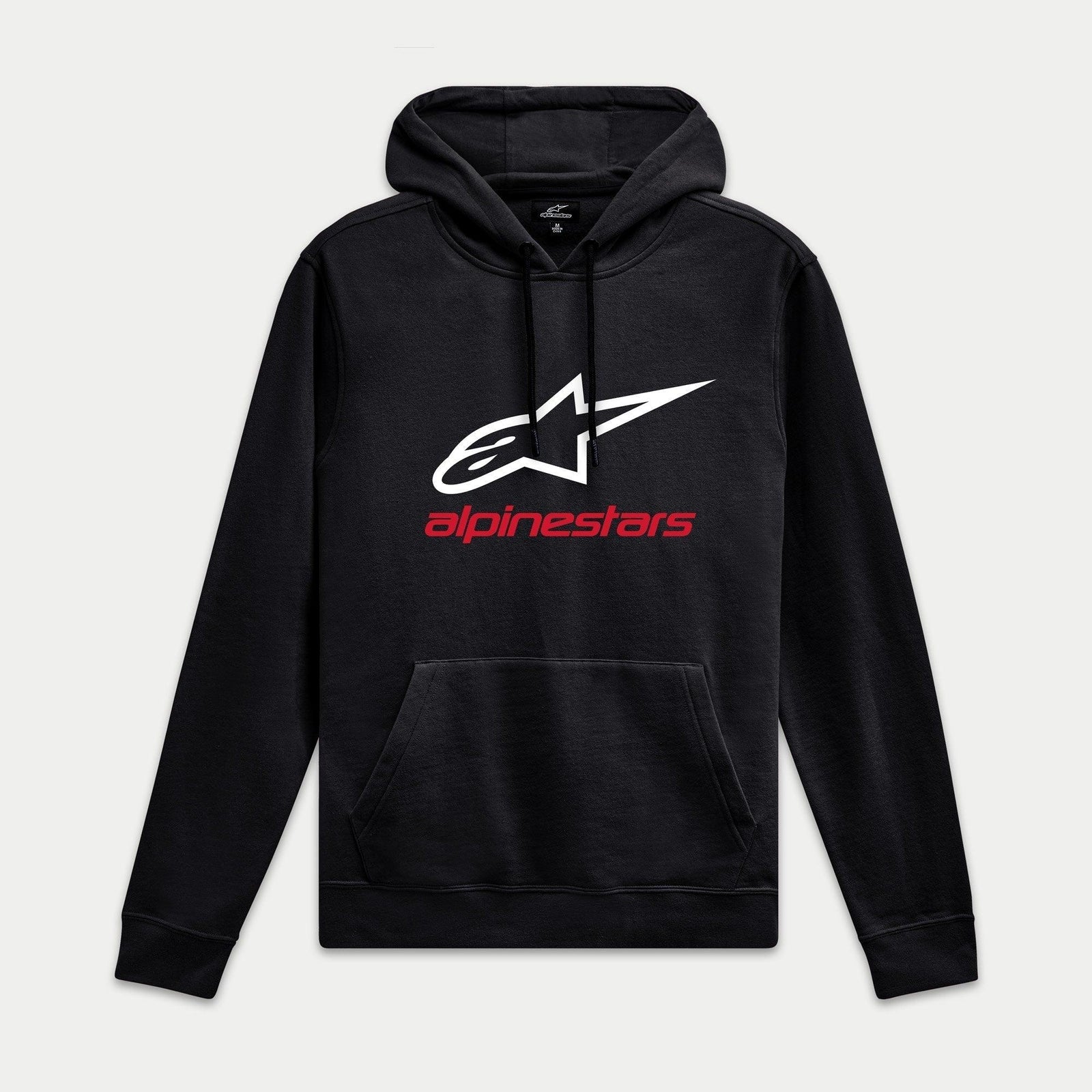 Alpinestars Always V3 Hoodie, Black, Pullover Fleece with White Star Logo and Red Branding, Casual Motorsport Streetwear, Ribbed Cuffs and Hem
