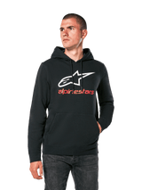 Alpinestars Always V3 Hoodie, Black casual hoodie with white star logo and red alpinestars text, pullover design with front kangaroo pocket, lifestyle motorsport streetwear