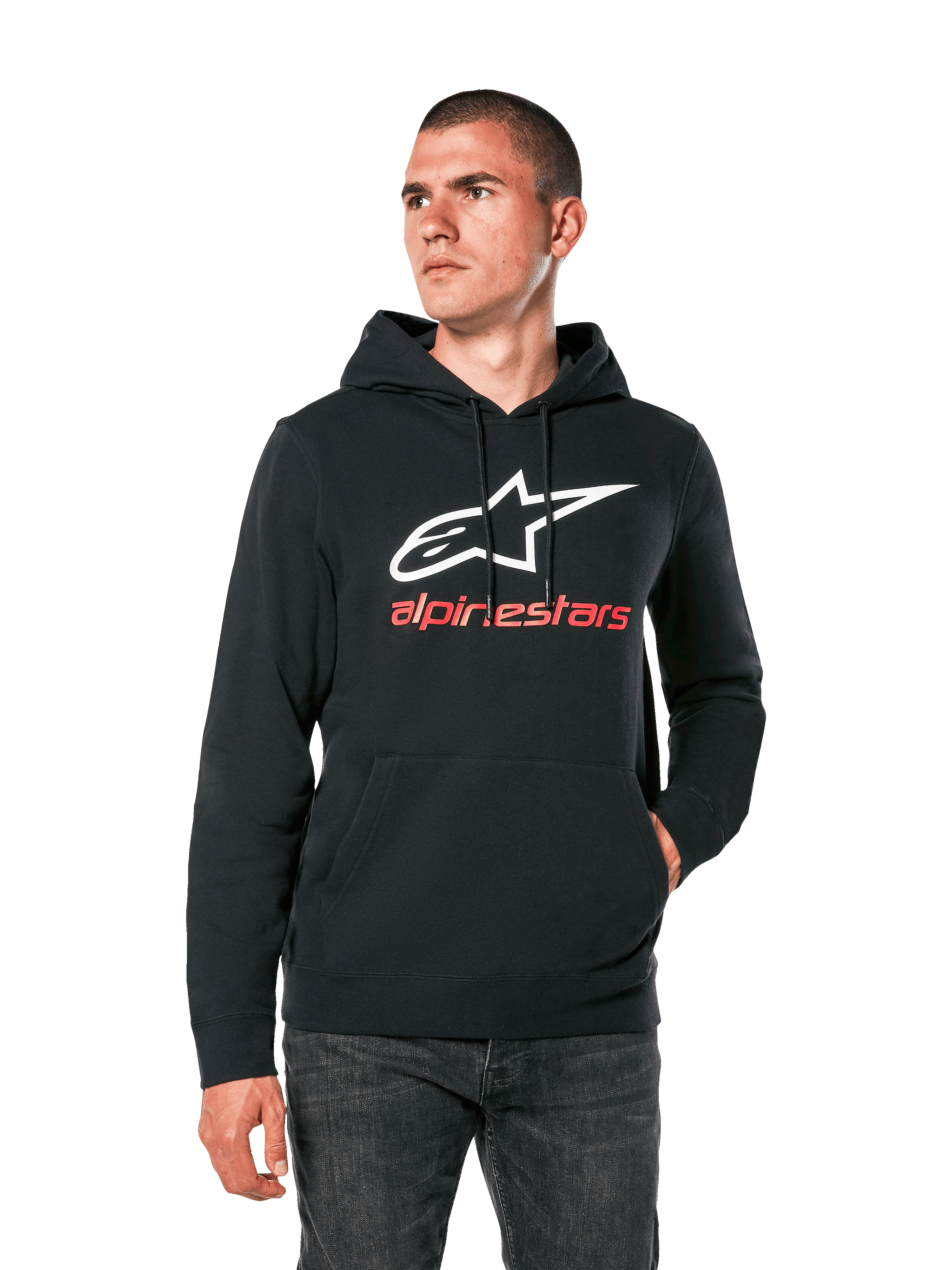 Alpinestars Always V3 Hoodie, Black casual hoodie with white star logo and red alpinestars text, pullover design with front kangaroo pocket, lifestyle motorsport streetwear