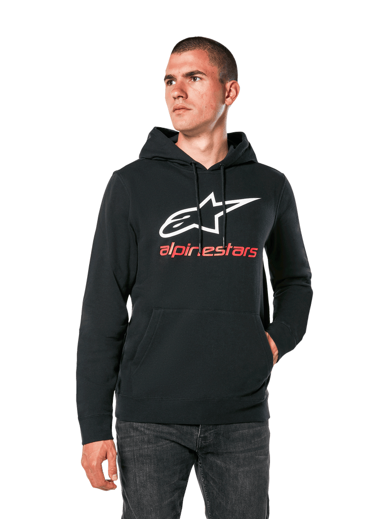 Alpinestars Always V3 Hoodie, Black casual hoodie with white star logo and red alpinestars text, pullover design with front kangaroo pocket, lifestyle motorsport streetwear