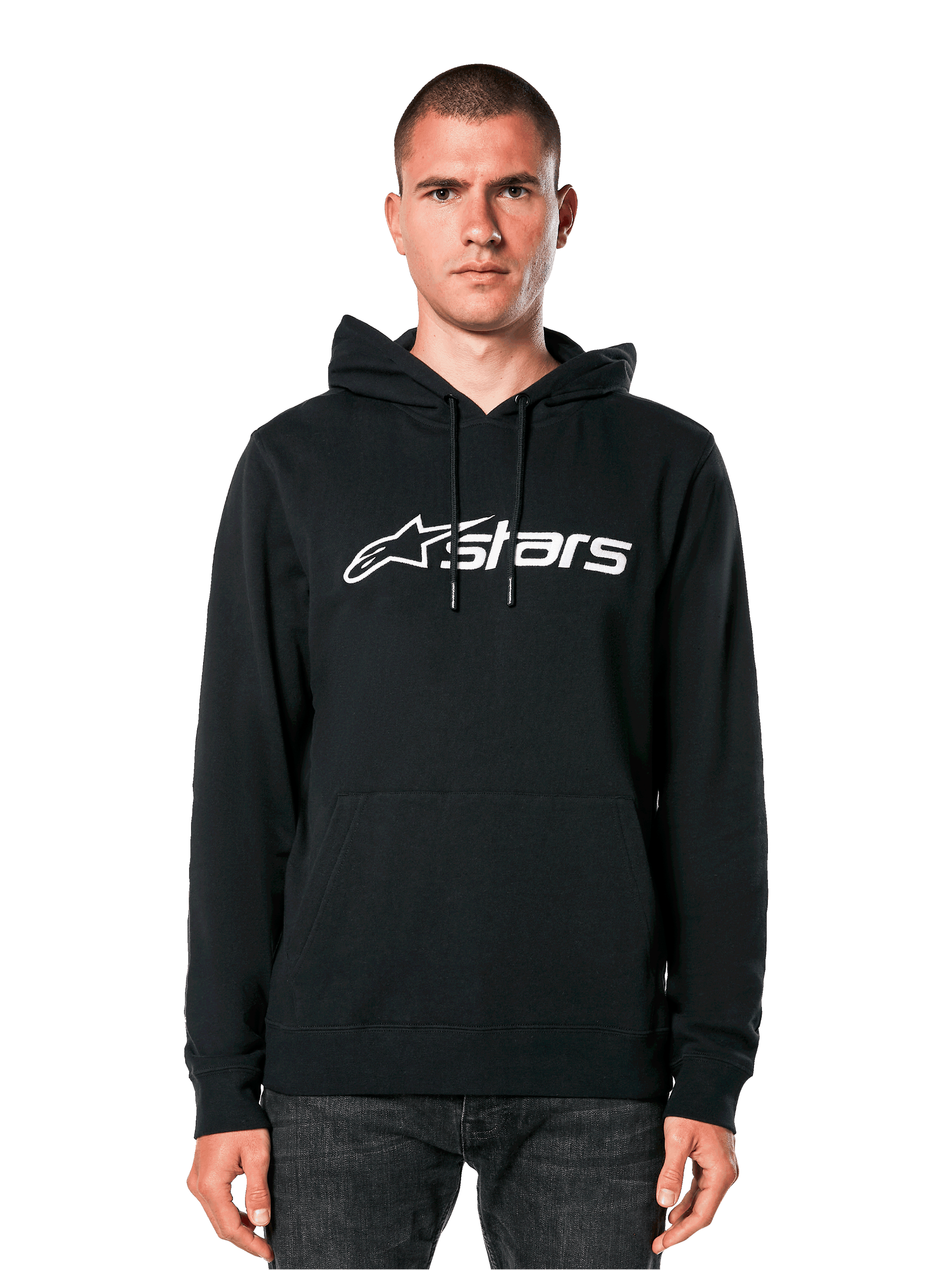Alpinestars Blaze V3 Hoodie, black with white logo, casual streetwear, featuring front kangaroo pocket and drawstring hood, worn by a man, modern motorsport-inspired design
