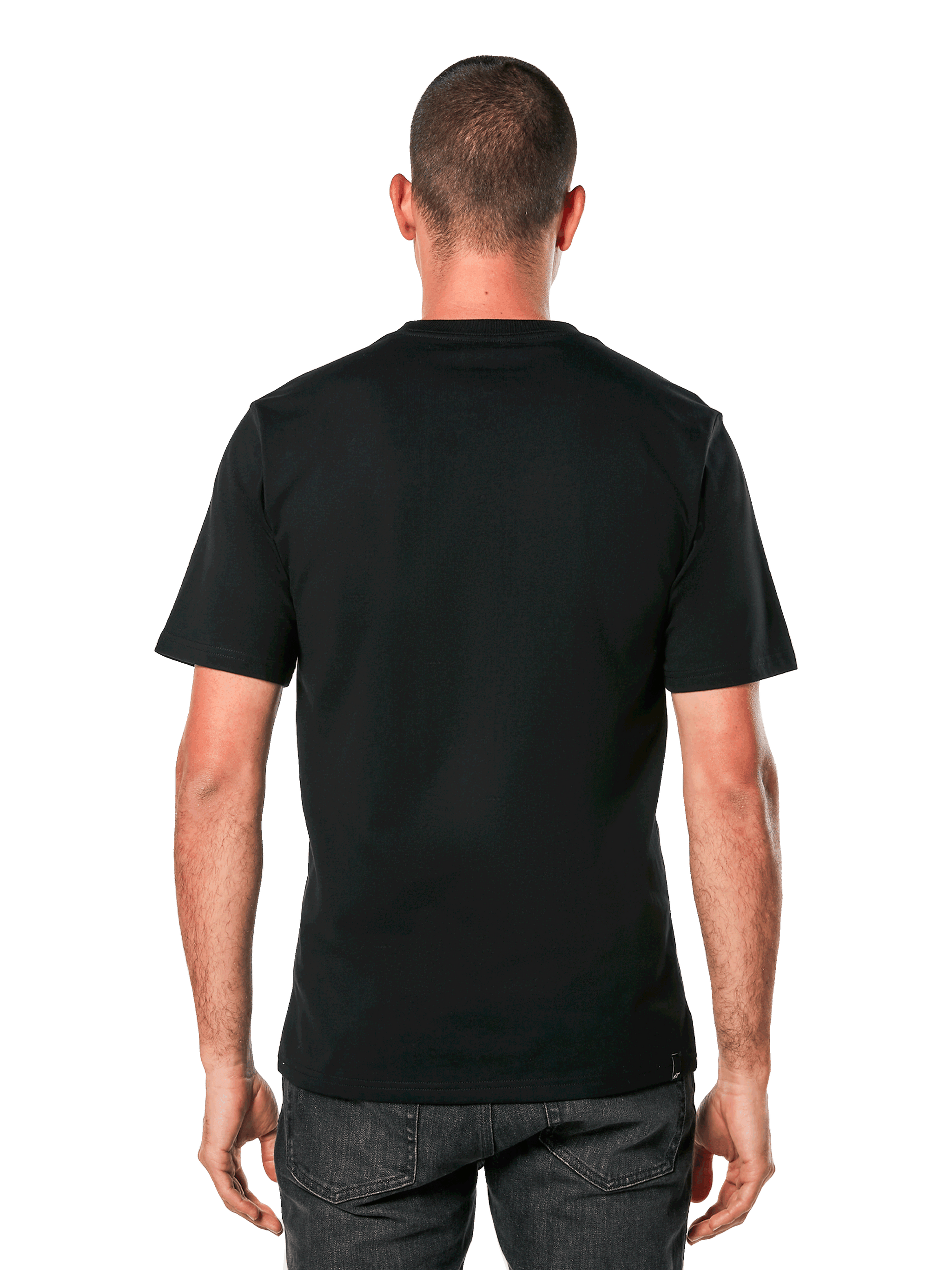 Alpinestars Ageless 2.0 CSF Tee, Short Sleeve T-Shirt, Black, back view on model, plain design with cut and sew fit, casual motorsport-inspired sportswear