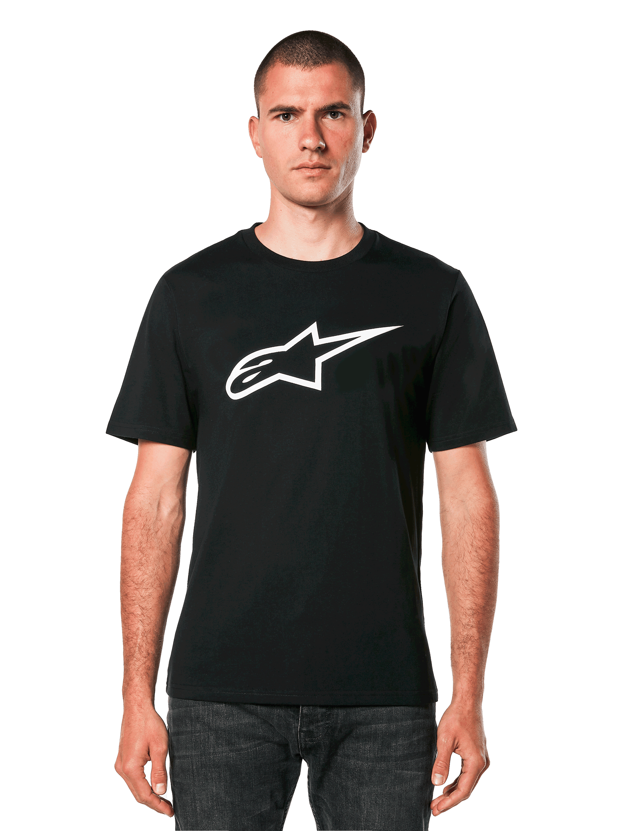 Alpinestars Ageless 2.0 CSF Tee, Black Short Sleeve T-Shirt, White Alpinestars Star Logo, Worn by Model with Dark Jeans, Casual Motorsport Streetwear