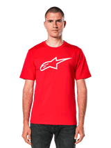 Alpinestars Ageless 2.0 CSF Tee, Red short-sleeve T-shirt with white star logo, casual motorsport apparel, crew neck, modeled front view