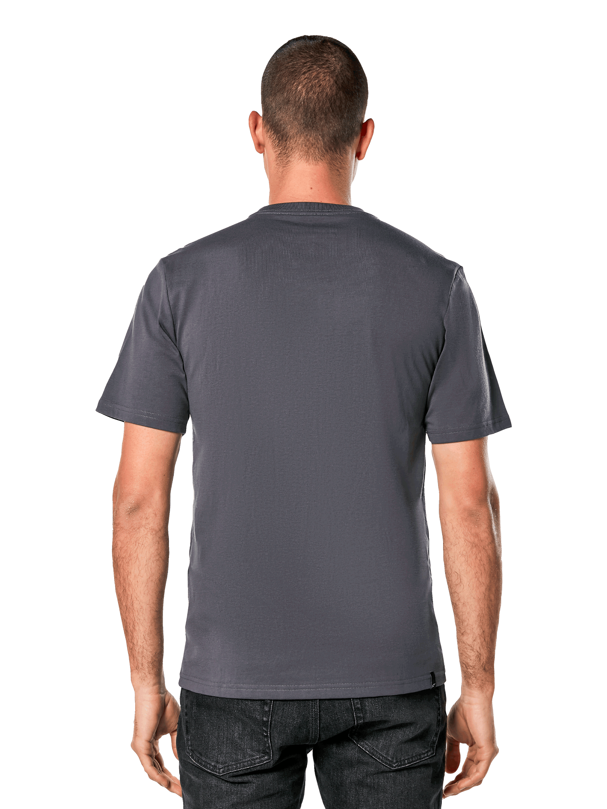 Alpinestars Ageless Shadow CSF Tee, Short Sleeve T-Shirt, Charcoal Black, back view on model, clean and casual motorsport-inspired design