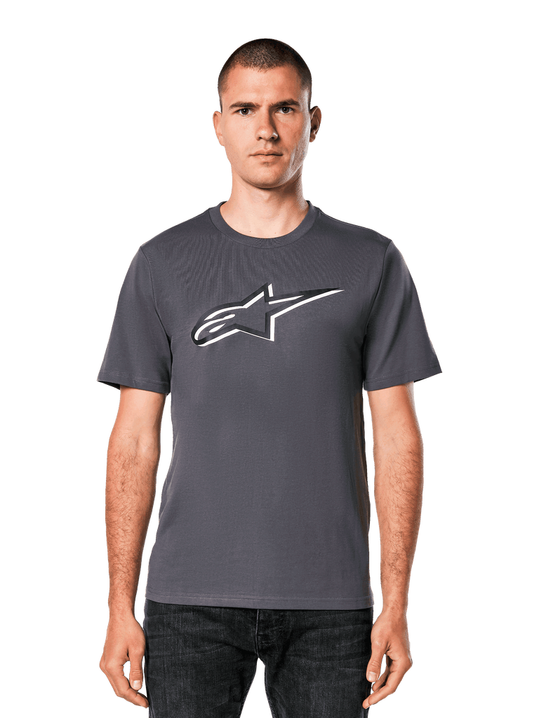 Alpinestars Ageless Shadow CSF T-Shirt, Charcoal Black with white and black front logo graphic, casual sportswear.