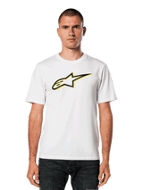 Alpinestars Ageless Shadow CSF Tee, White T-shirt with Black and Yellow Star Logo, Men's Short Sleeve Casual Tee, Motorsports Heritage Design