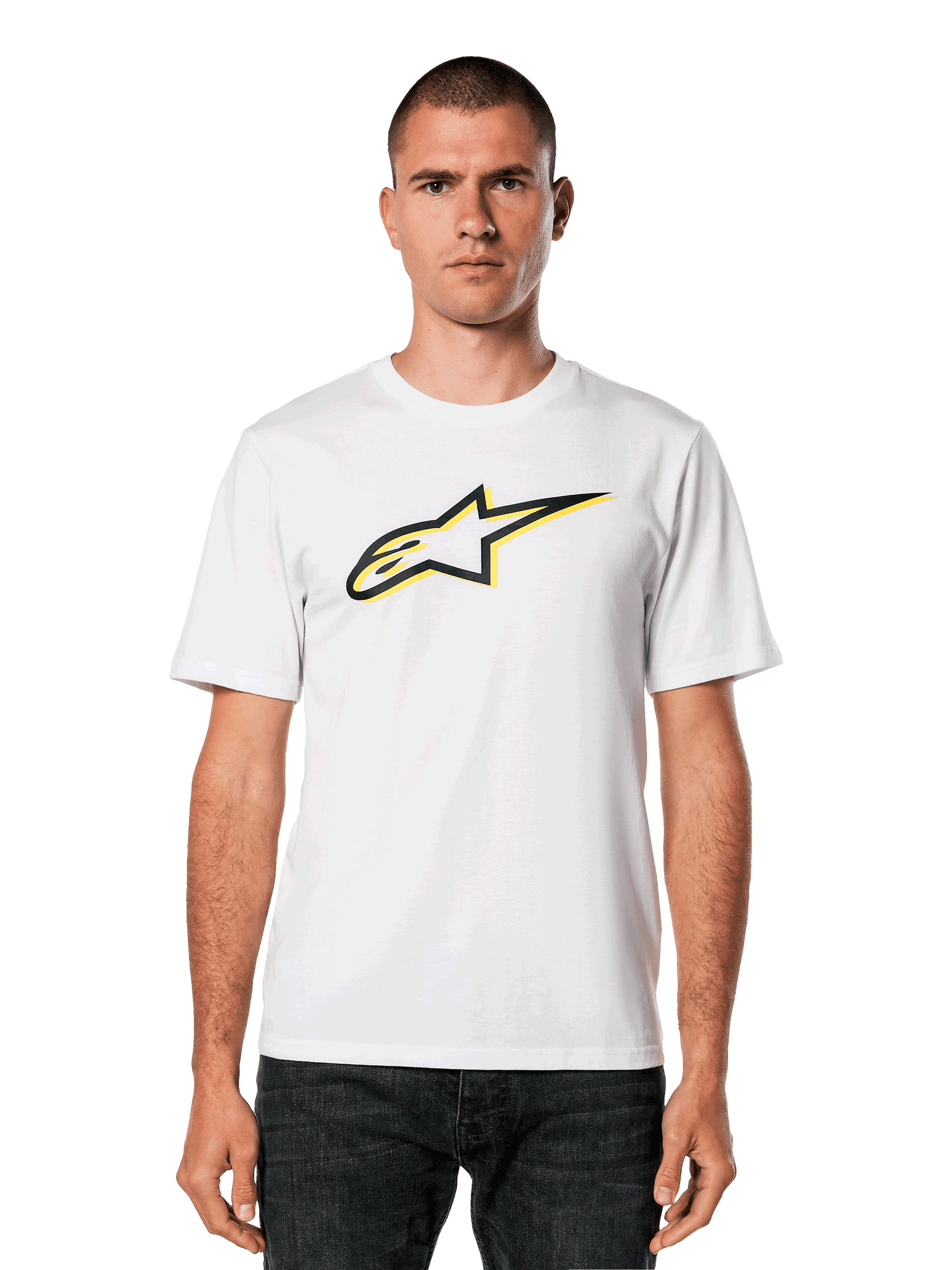 Alpinestars Ageless Shadow CSF Tee, White T-shirt with Black and Yellow Star Logo, Men's Short Sleeve Casual Tee, Motorsports Heritage Design